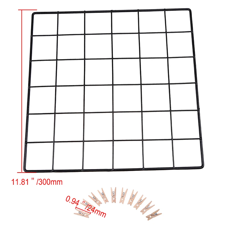 Полка для хранения на стене, органайзер Ins, железная металлическая стойка, сетка для фото, рамка для подвешивания, демонстрационные рамки с 10 деревянными зажимами для декора стен - Цвет: Black-30x30cm