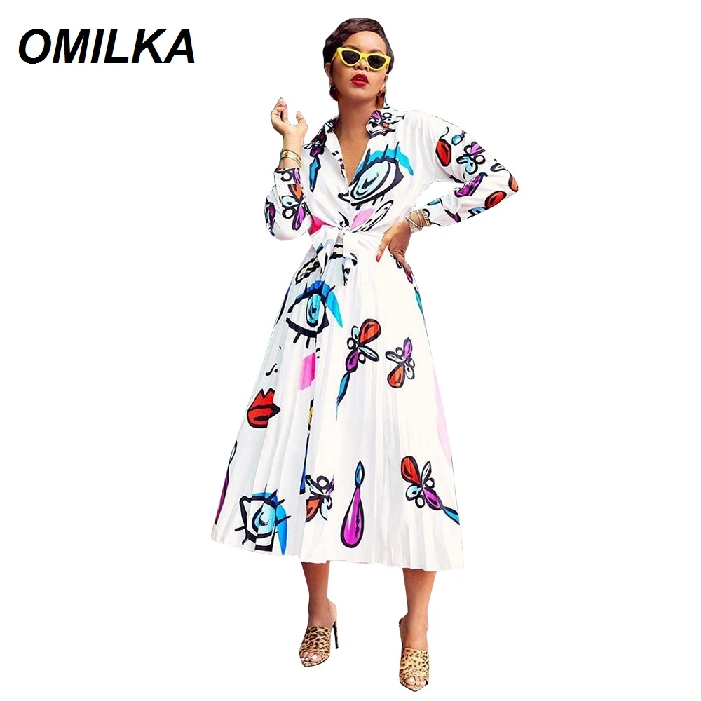

OMILKA EYE Printed 2 Piece T Shirt Dress 2019 Summer Women Long Sleeve V Neck Bandage Pleated Casual Hip Hop Midi Tshirt Dress