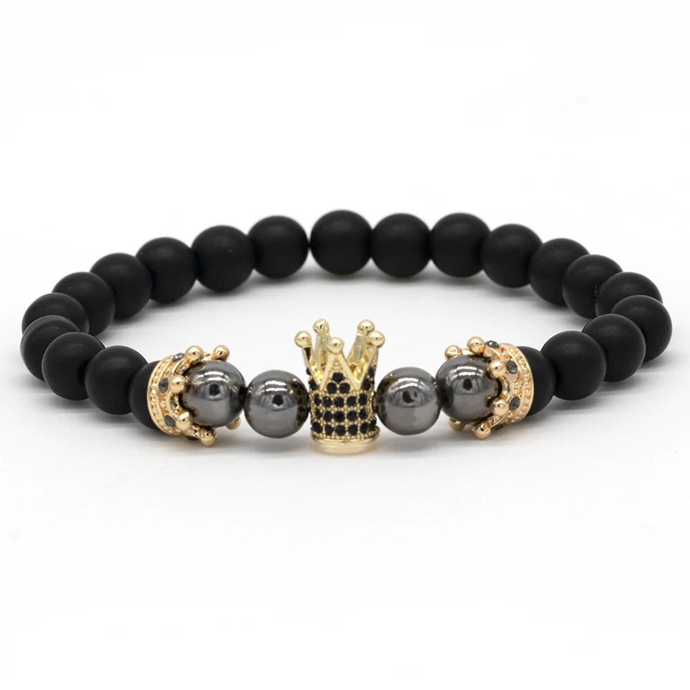 

Natural Stone Beads Men Micro Pave CZ Crown Bracelets For Women Handmade Punk Yogi Elastic Bracelet Jewelry Pulseira hombres