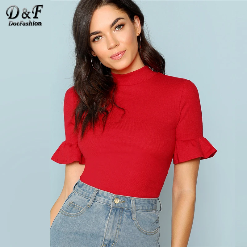 

Dotfashion Red Flounce Sleeve Mock Neck Ruffle Cuff Tee 2019 Summer Stand Collar Short Sleeve Tops Women Plain Casual T-Shirt