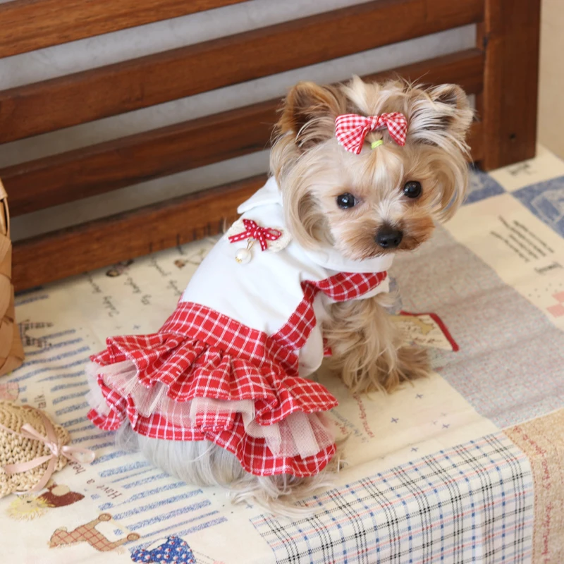 

Kawaii Sweet Bow Sister Plaid Dresses Cat Clothing Pet Clothes for Dogs Yorkie Maltese Chihuahua Spring Summer 18ss40