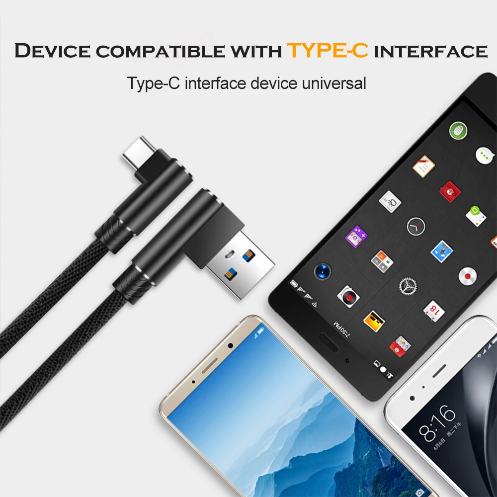 Кабель USB Type C для быстрой зарядки Samsung Xiaomi Huawei кабель типа 90 градусов 3 м мобильный