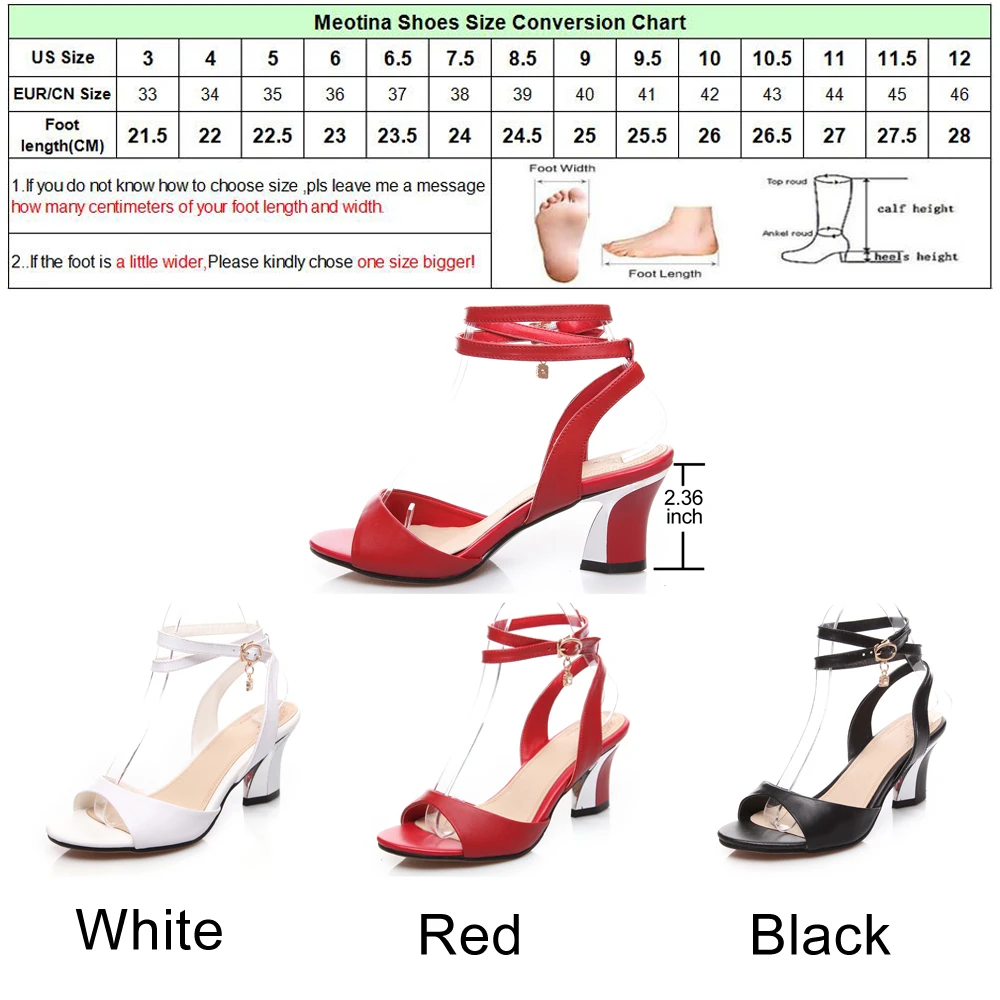 Meotina/босоножки из натуральной кожи; большие размеры 34-44; женские босоножки с ремешком на щиколотке; туфли с открытым носком на массивном среднем каблуке; стразы; цвет черный, красный, белый
