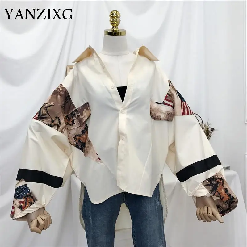 

2019 New Fashion Female's Long Sleeve Shirt Women Hoodies Vestido Bat Sleeve Print Long Sleeve Lapel Shirt W466