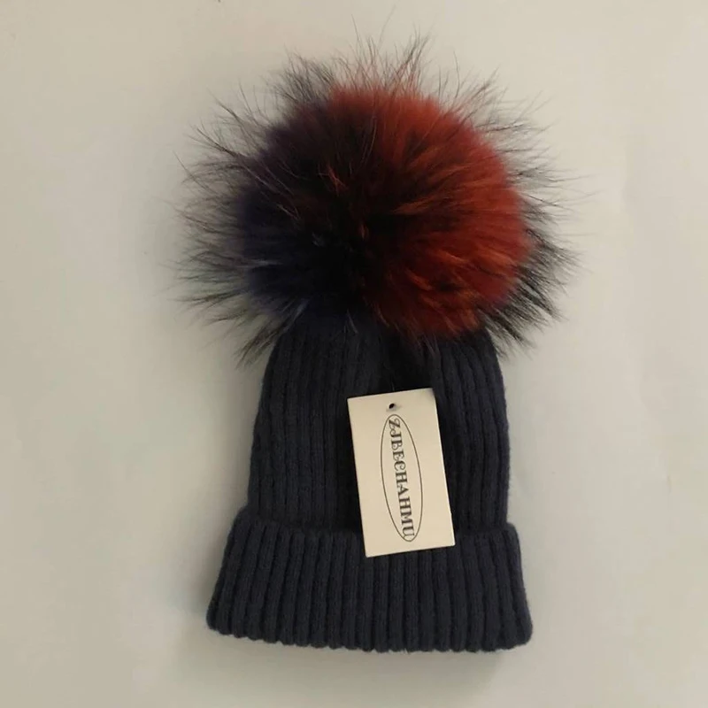 Повседневные помпоны из натурального Лисьего меха и норки, 15 см, Skullies Beanies, шапки для женщин и девушек, зимние шерстяные теплые шапки Skullies Beanies, шапки, Новые шапки - Color: Women Nary Blue