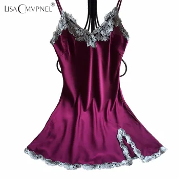 

Lisacmvpnel High Quality Embroidery Sexy Women Nightgown Spaghetti Strap V-Neck Female Sleepwear Chemise De Nuit