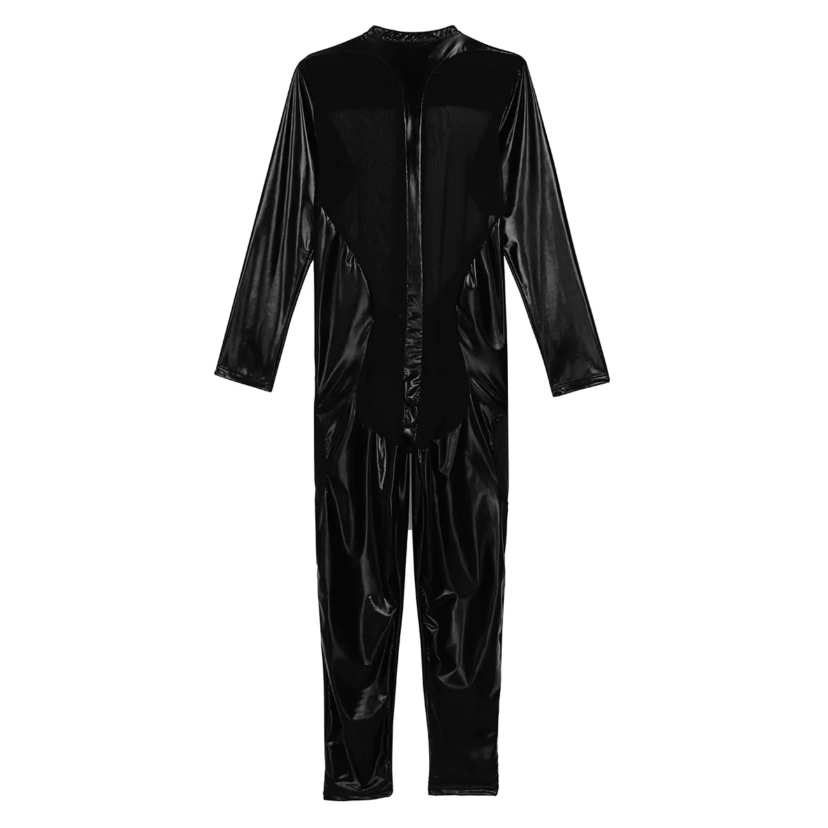 Unisex Mens Women Wet Look PVC Leather Long Sleeves Zipper Front Mesh Splice Full Body Bodysuit Leotard Sexy Costume Clothes