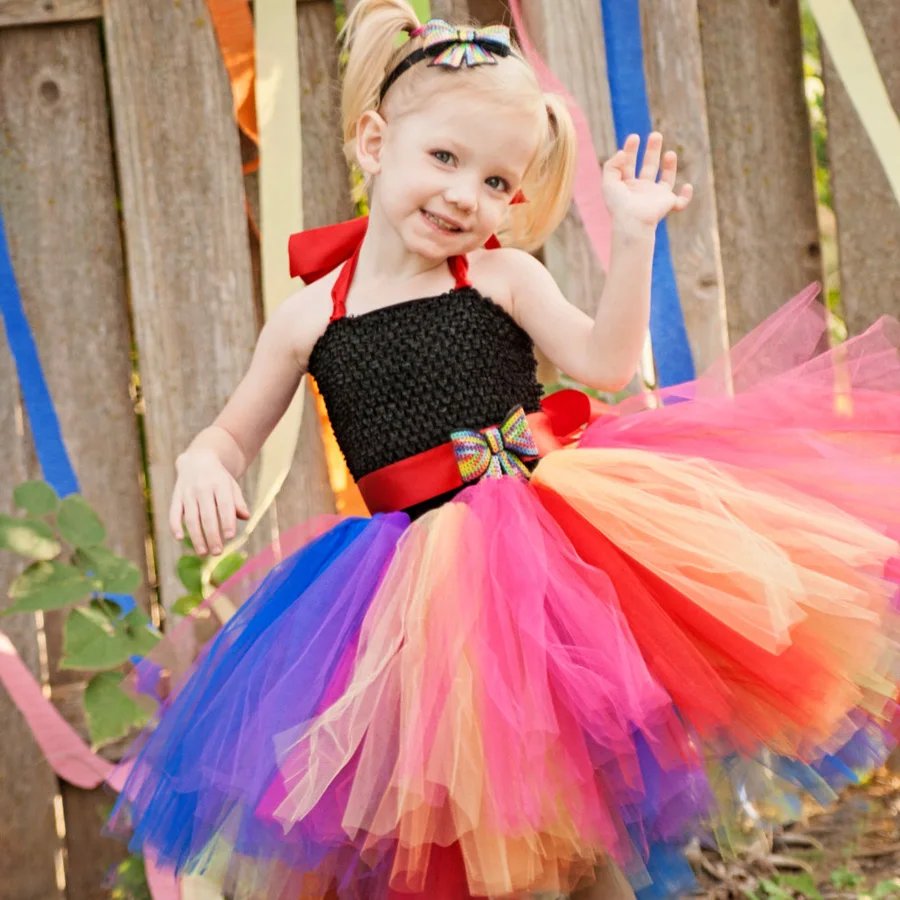 Bright Rainbow Princess Girls Tulle Tutu Dress for Birthday Wedding Dancing Party Ball Gown Kids Fluffy Dress with Rainbow Bow (10)