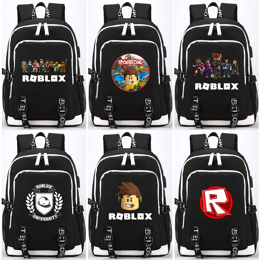 

2018 Hot Games Roblox Letter Prints USB Headphone Jack Boy Girl School bag Women Bagpack Teenagers Canvas Men Backpack Packsack