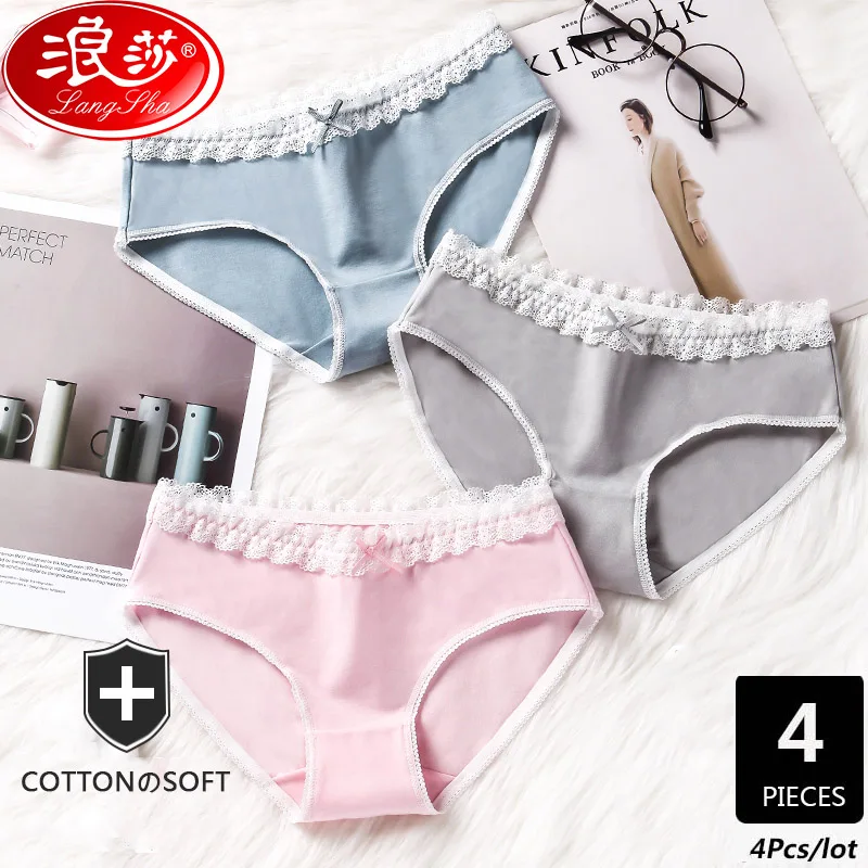 

LANGSHA 4Pcs/lot Women's Panties Cotton Sexy Lace Solid Briefs Breathable Underwear Girls Panty Lovely Bow Seamless Lingerie