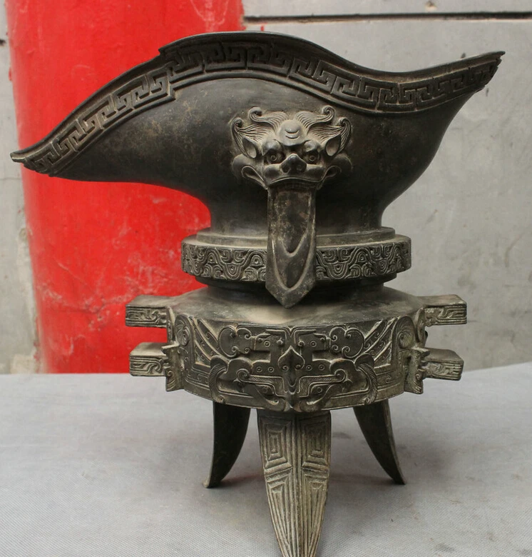 

song voge gem S3716 12" Pure Bronze Chinese Classic Dynasty Palace Dragon Lion Head Statue Wine Cup