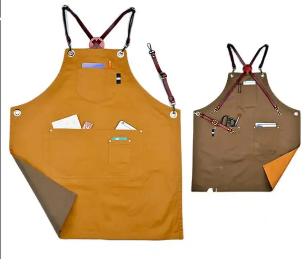 

Luxury Designer Double Sides Canvas Bib Leather Apron Leather X Strap Barber Kitchen Chef Apron With Pocket Tattoo Shop Workwear