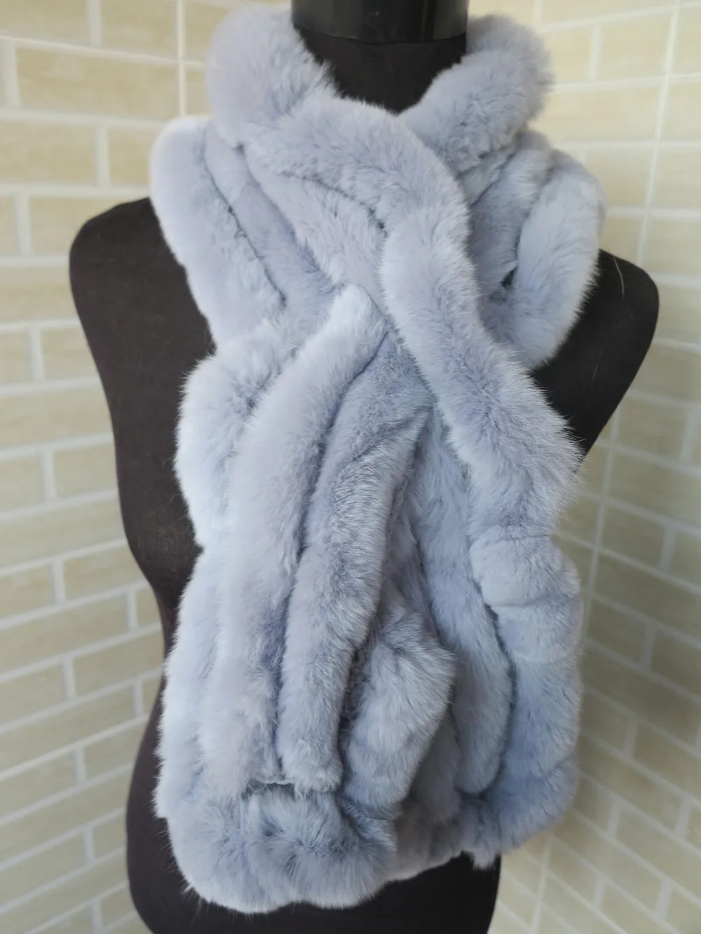 Buy Genuine rex rabbit fur scarf wrap cape light blue shawl / fur collar from