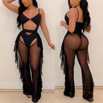 

Sexy Women Mesh Sheer Perspective Spaghetti Strap Solid Sleeveless Crop Top Casual Summer Hollow Out Bodycon Club Jumpsuit 2pcs