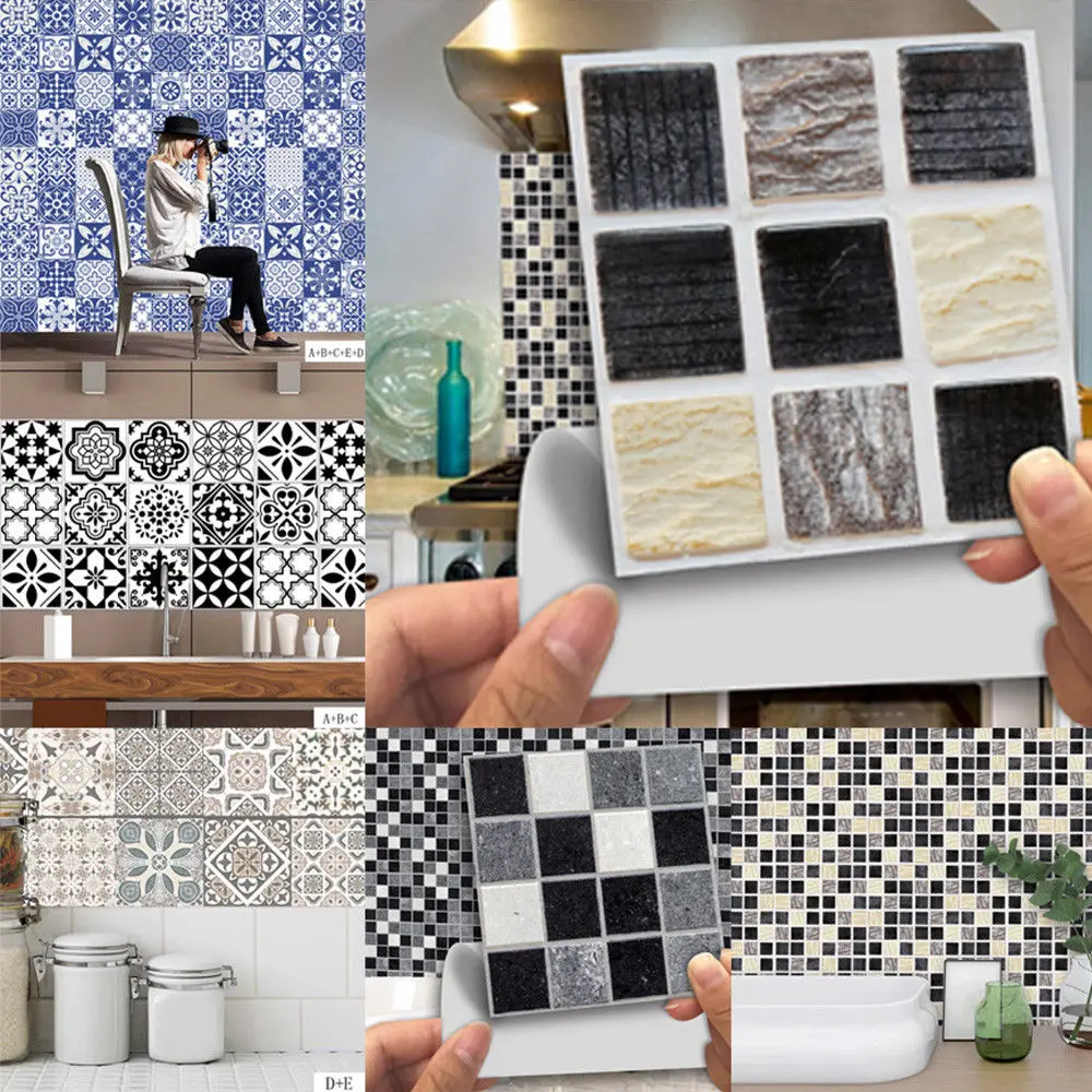 

Modern Style Mosaic Tile Wall Stickers Transfers Kitchen Backsplash Marble Effect Waterproof Brick Home Bathroom Decor