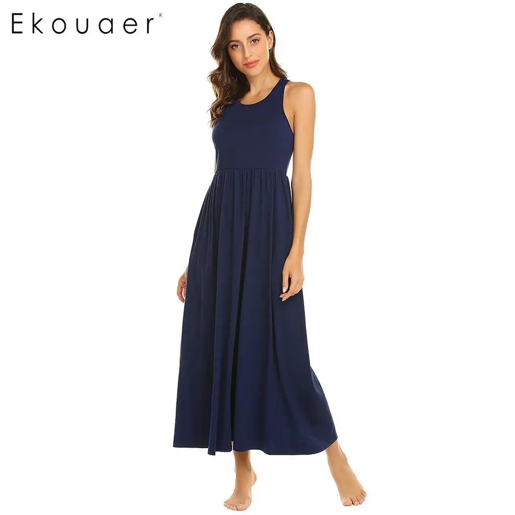 

Ekouaer Women Nighties Dress Nightgown Solid Sleeveless A-Line Pleated O-Neck Nightwear Dress Sleepwear Female Nightdress