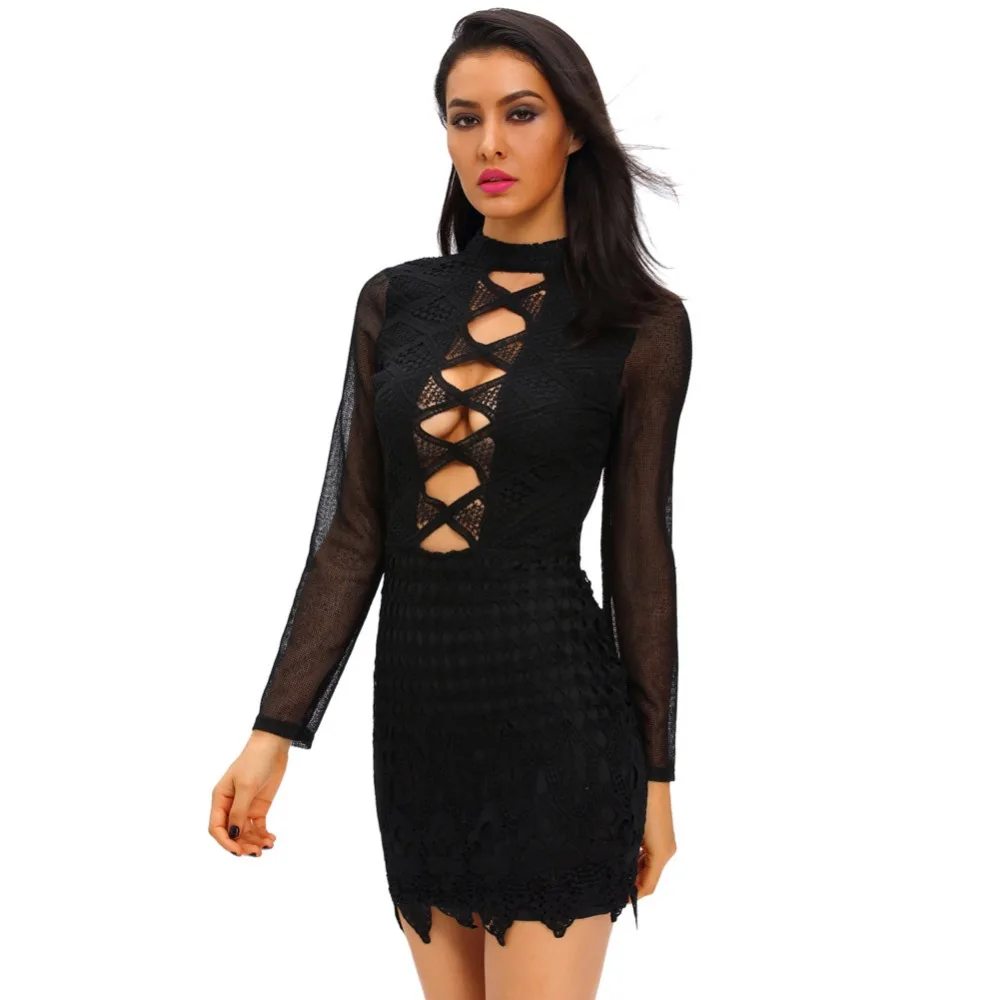 LC2278S New Arrivals Party Dress Long Sleeve Sexy Hot Black/White Lace Hollow Out Women Bodycon Dress Mini Dress Sexy Club Wear long-white-lace-dress