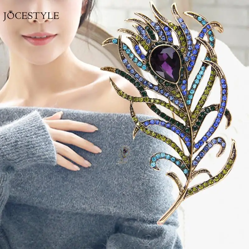 

2018 New Arrival Crystal Peacock Feathers Brooch Boho Enamel Pins Deep Blue 63*107mm Brooches Wedding Accessories