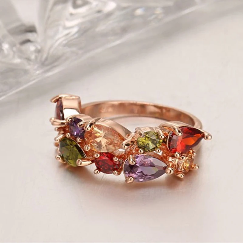 Colorful Rhinestone Ring Hypoallergenic Copper Rose Gold Engagement Wedding Rings for Women