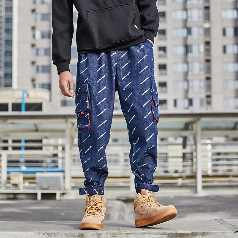 European American Streetwear Fashion Men Jeans Dark Blue Loose Fit Designer Printed Jeans Men Harem Pants Hip Hop Jeans Joggers