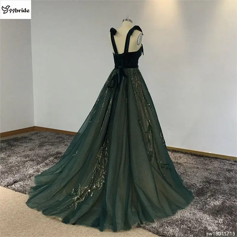 Boat-Neck темно-зеленый велюровый Длинные Вечерние Платья vestidos de fiesta largos elegantes de gala линии Спагетти ремень платья для выпускного вечера