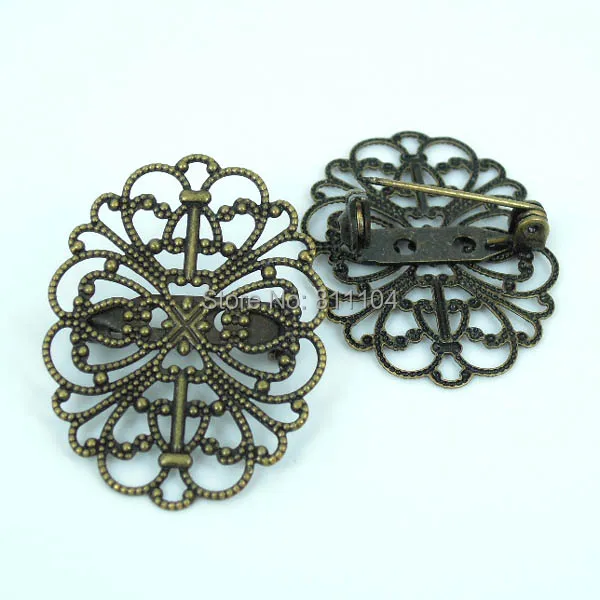 20x30mm Antique Bronze Plated Brass Blank Filigree Flower Caps Back Pins Brooch Bases Settings