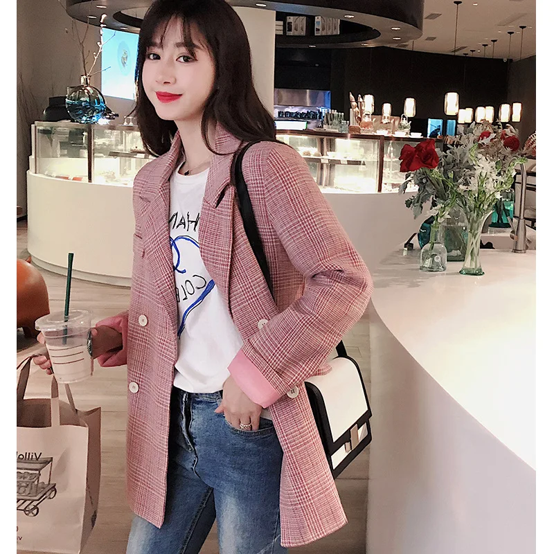 Весенний корейский розовый костюм модный длинный корейский Свободный клетчатый пиджак двубортный клетчатый пиджак на пуговицах