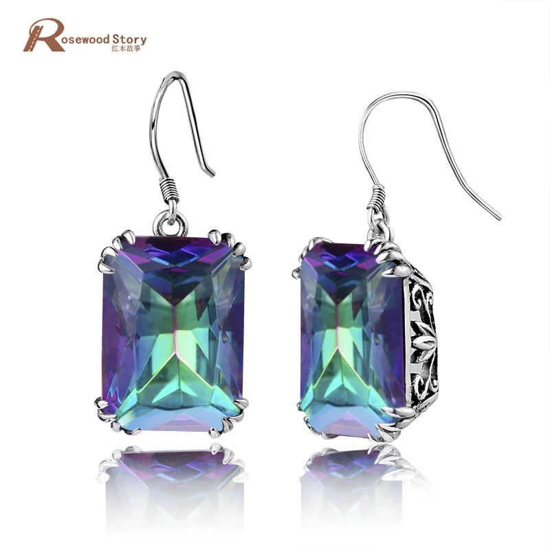 

Vintage Royal Silver Earrings Drop Pendientes Brincos Turkish Jewelry Mystic Rainbow Crystal Earrings For Bridal Wedding Women