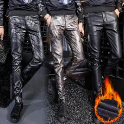 Мужские кожаные брюки Новые Зимние флисовые теплые ПУ кожаные повседневные узкие брюки высокого качества длинные утолщенные эластичные