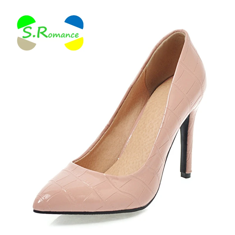 

S.Romance Women Pumps Size 34-43 Supper High Heels Pointed Toe Crocodile grain PU Fashion Concise Women's Spring Shoes SH027