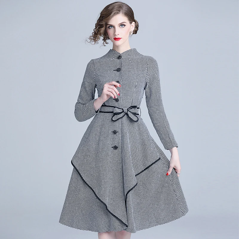 

JSXDHK Winter Women Houndstooth Tweed Ball Gown Dress Fashion Single Breasted Bow Thick Warm Dress Casual Slim Plaid Party Dress