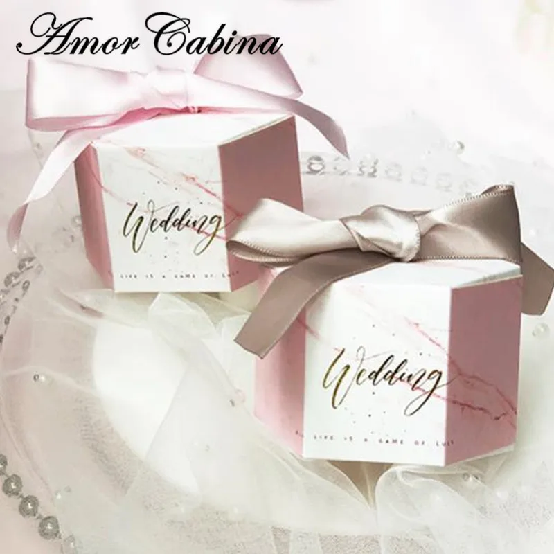 50 шт. креативная Шестигранная розовая мраморная стильная романтическая коробка для конфет Свадебная вечеринка bombaniera Подарочная коробка с розовым/лента цвета шампанского