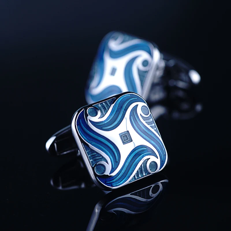 

OnlyArt high quality silver hard enamel cufflink square blue striped resin cufflink mechanical back cufflinks for men