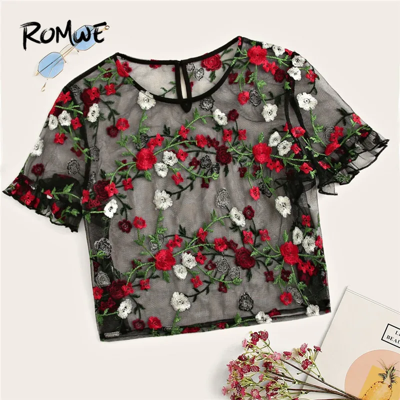 

ROMWE Woman Ruffle Trim Short Sleeve Flower Embroidered Detail Sexy Sheer Mesh Blouses Frilled Cuff Crop Blouse Top Clothing