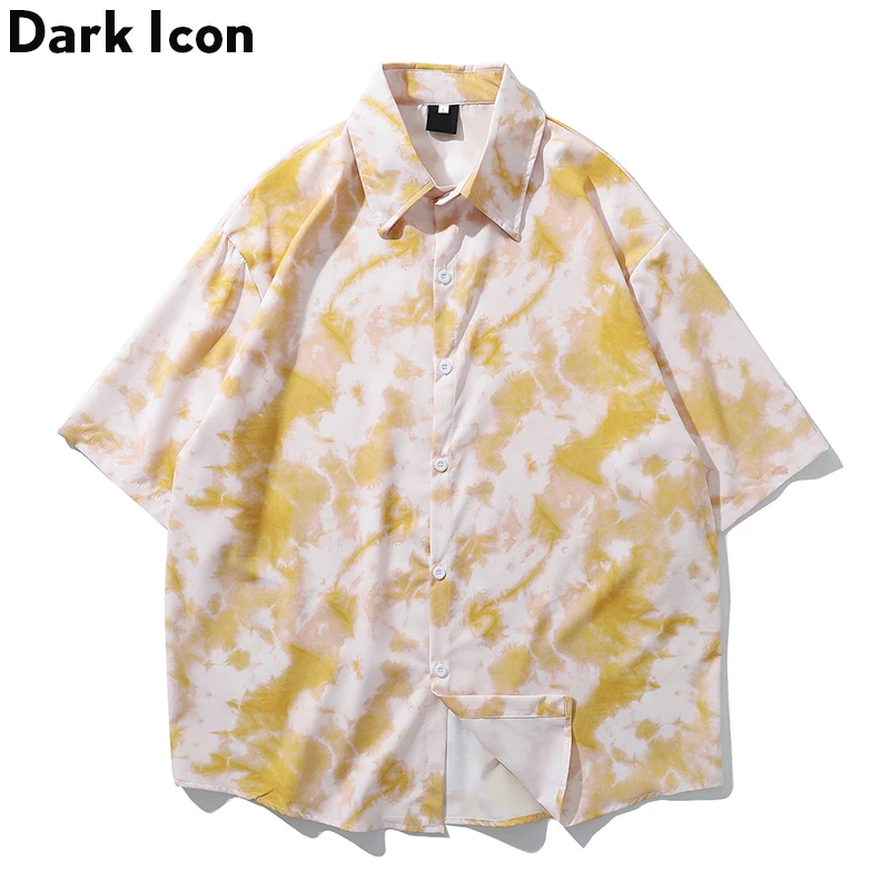 

Dark Icon Tie Dyeing Shirt Men Turn-down Collar Hawaii Shirts 2019 Summer Street Men's Shirt Short Sleeve 4Colors