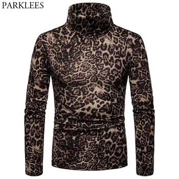

Mens Leopard Print Pullover Turtleneck Sweater 2018 Autumn New High Colalr Sweaters Pullovers Men Casual Bottoming Sweater Male