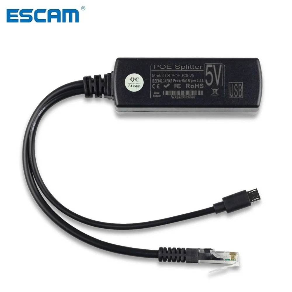 ESCAM IEEE 802.3af Micro USB Активный сплиттер POE питание через Ethernet 48 В до 5 В 2.4A для планшетов Dropcam или Raspberry Pi