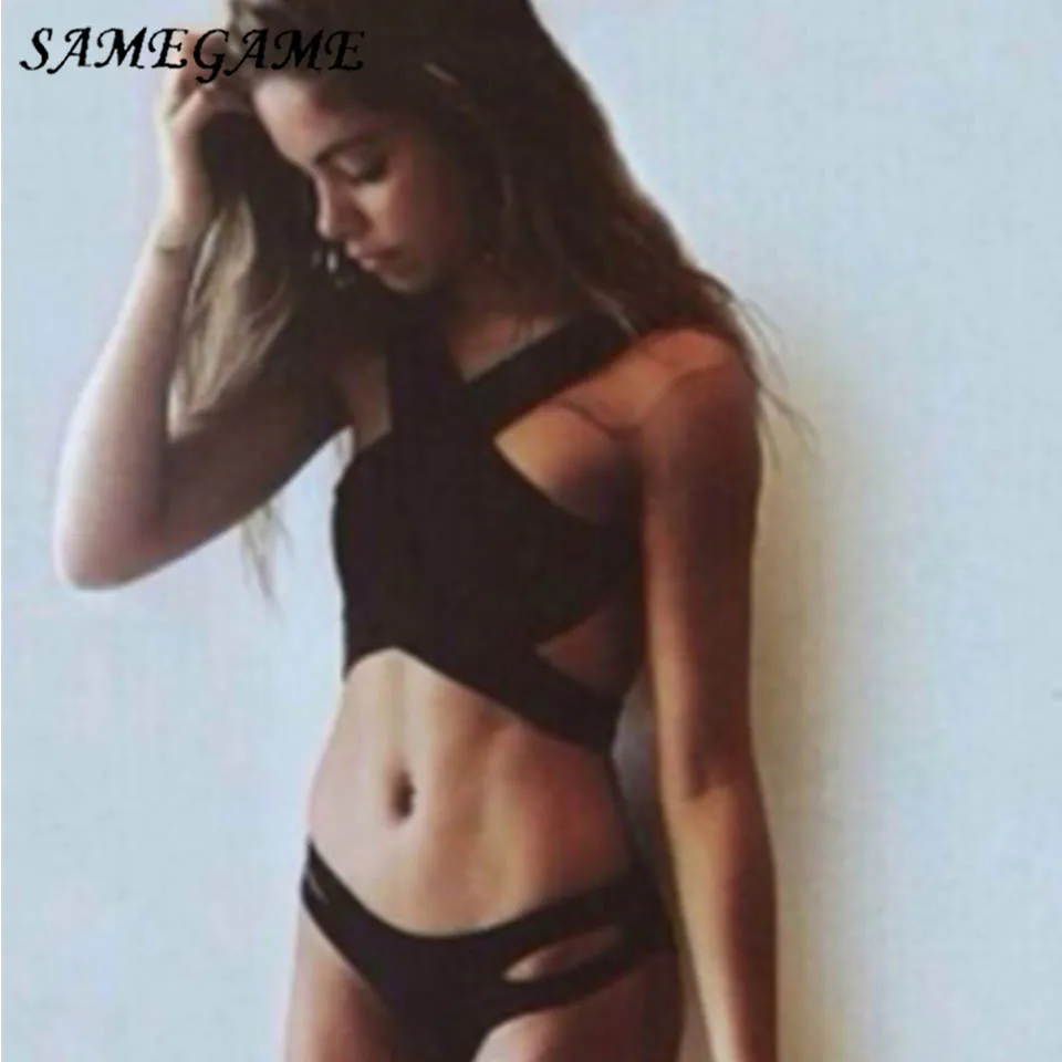 

SAMEGAME 2019 Sexy Bikini Set Low Waist Swimsuit Women Swimwear Cut Out Bandeau Solid Bottom Bikini Sets Bathing Suits XL