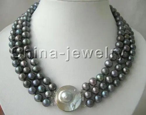 

FREE shipping> 17-19"3row 9mm black round freshwater pearl necklace-925 silver Mabe pearl clasp 6.07