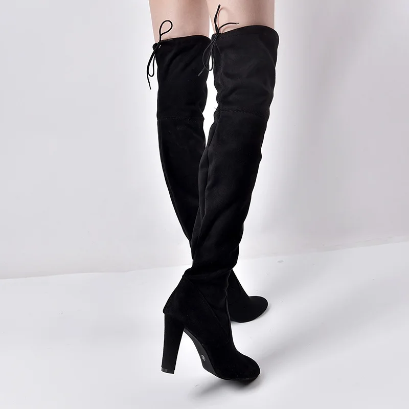 VTOTA/женские ботинки ботфорты черного цвета пикантные женские осенние сапоги до бедра сапоги с острым носком и боковой молнией; Botas Mujer; размер 43