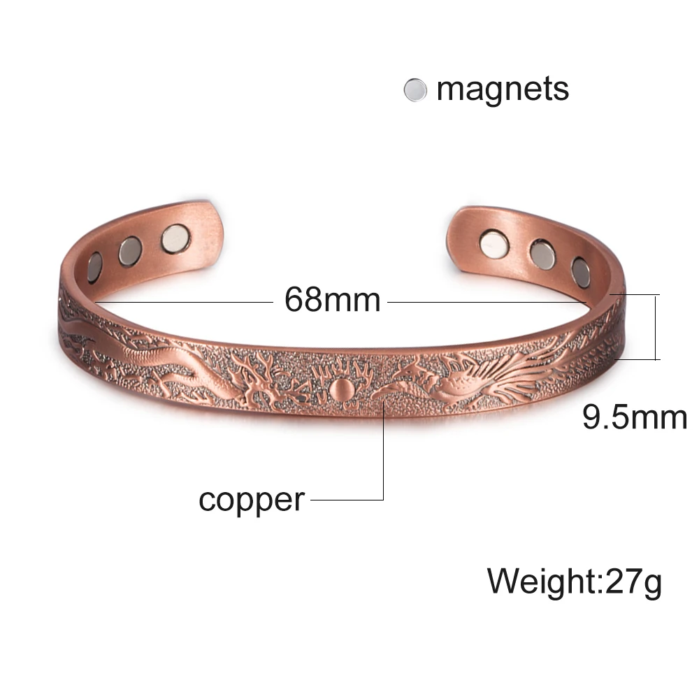 Vinterly Copper Bracelets Male Lucky Dragon and Phoenix Adjustable Cuff Bangles Health Energy Magnetic Jewelry for Men Women 6