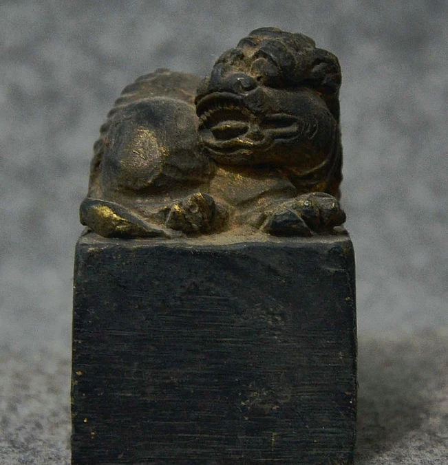 

7Cm Old China Royal Palace Bronze Gilt Lion Unicorn Statue Seal Stamp Signet
