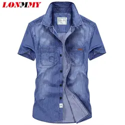 LONMMY M-3XL джинсы Для мужчин s рубашки хлопок camisa социальный джинсовая рубашка Для мужчин брендовая одежда с коротким рукавом мода 2018 лето