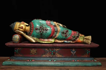 

christmas Tibet fane Bronze Inlay turquoise Gem wood base sleep Shakyamuni Buddha statue halloween