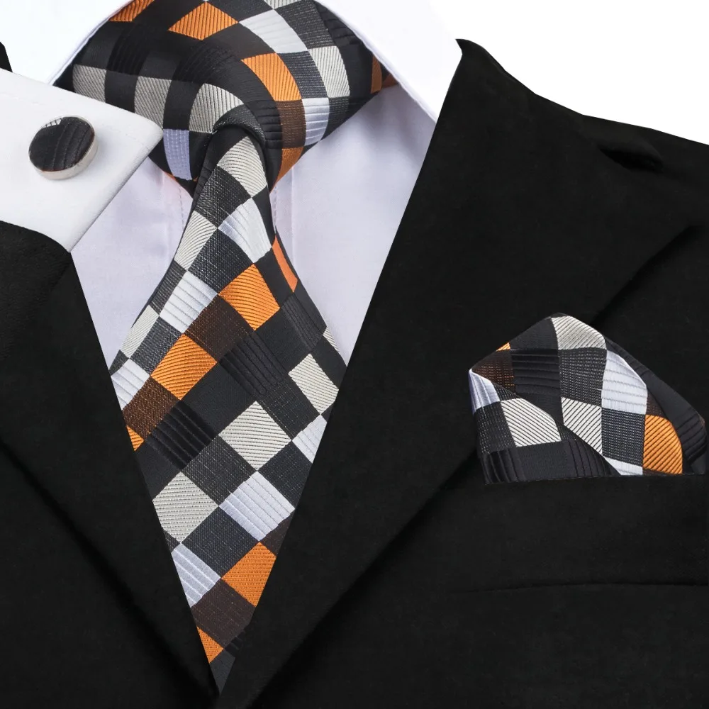 SN 361 Black White Darkorange Plaid Tie Hanky Cufflinks Sets Men's 100