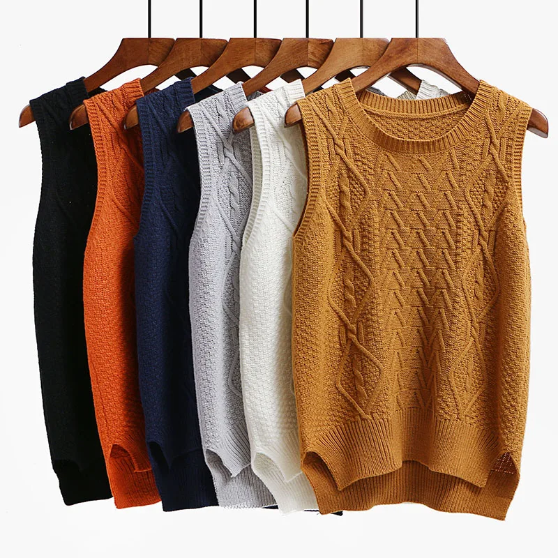 

Spring Coat Women Knitted Vest Plus Size Loose Sweater Female Waistcoat School Girls Korean Sleeveless Jacket Autumn Coats Gilet