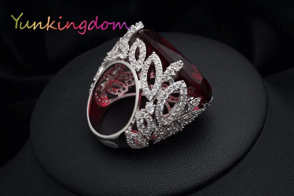 Yunkingdom Большой овальный резной роскошный вечерний банкет кольца Красный кубический цирконий палец кольцо женские подарки ко дню Святого Валентина