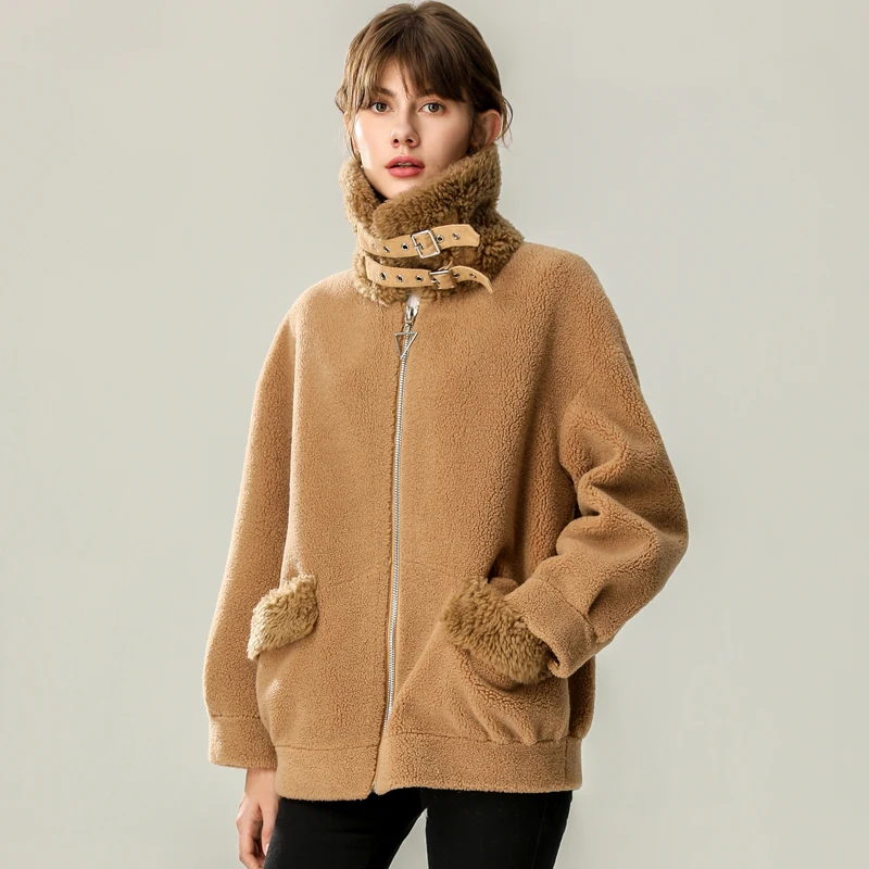 Sheep shearing fur coat women winter thick warm real fur jacket female
