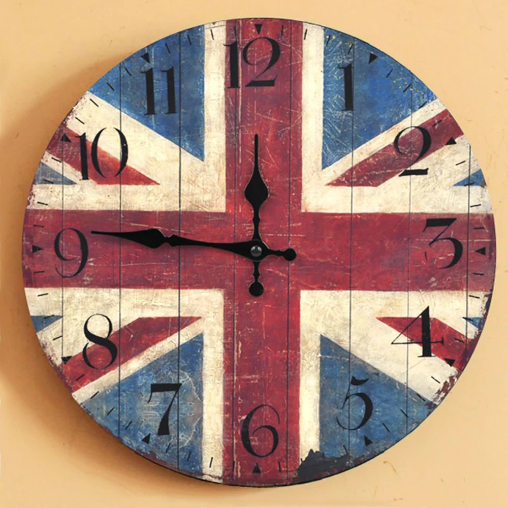 Vintage British Style Round Wooden Wall Clock Creative Fashion UK Flags