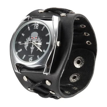

Women Men Punk Style Quartz Wrist Watch with Skull Pattern Dial Rivet Strap Cool Watches LL@17